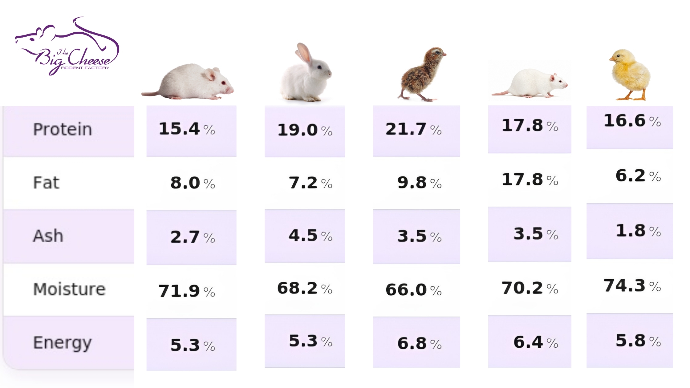 Nutritional Differences Between Feeder Mice, Rats, Chicks, Quail, and Rabbits